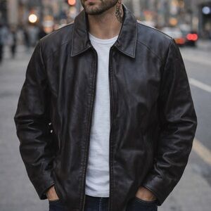 Worthington Dark Brown Genuine Leather Jacket Men’s Classic Zip Leather Coat XL